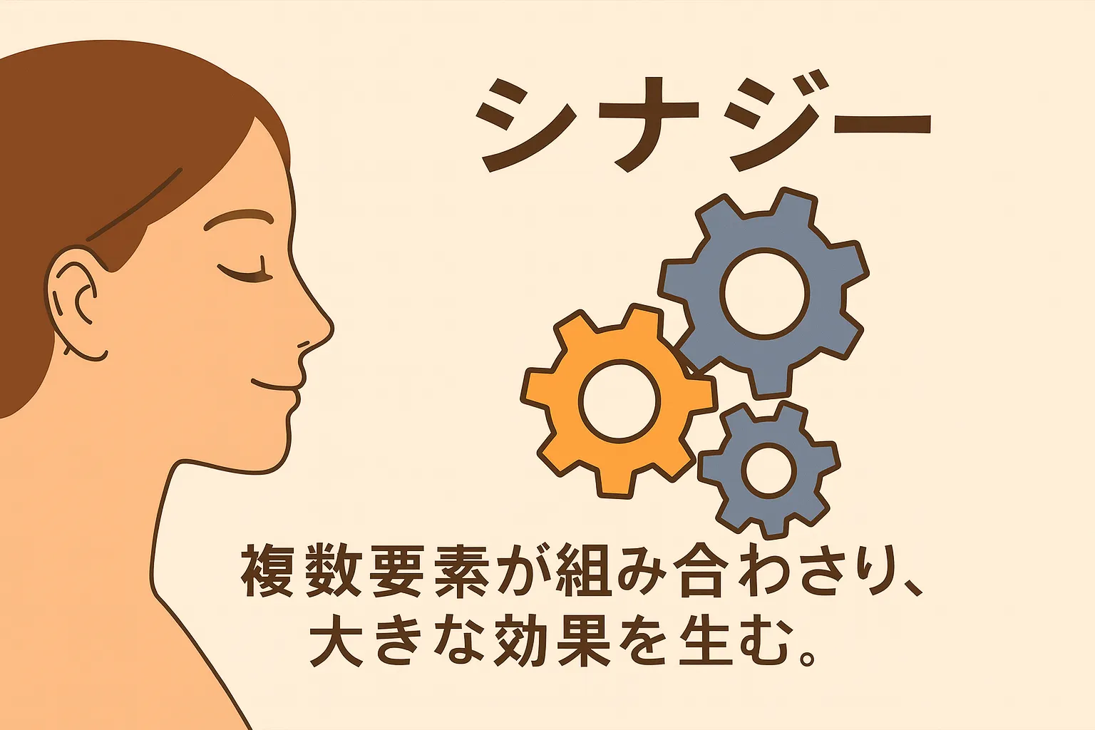 女性の横顔と歯車を描いた横長の科学イラスト。シナジー(相乗効果)を象徴し、複数要素が組み合わさり大きな効果を生むことを表現。