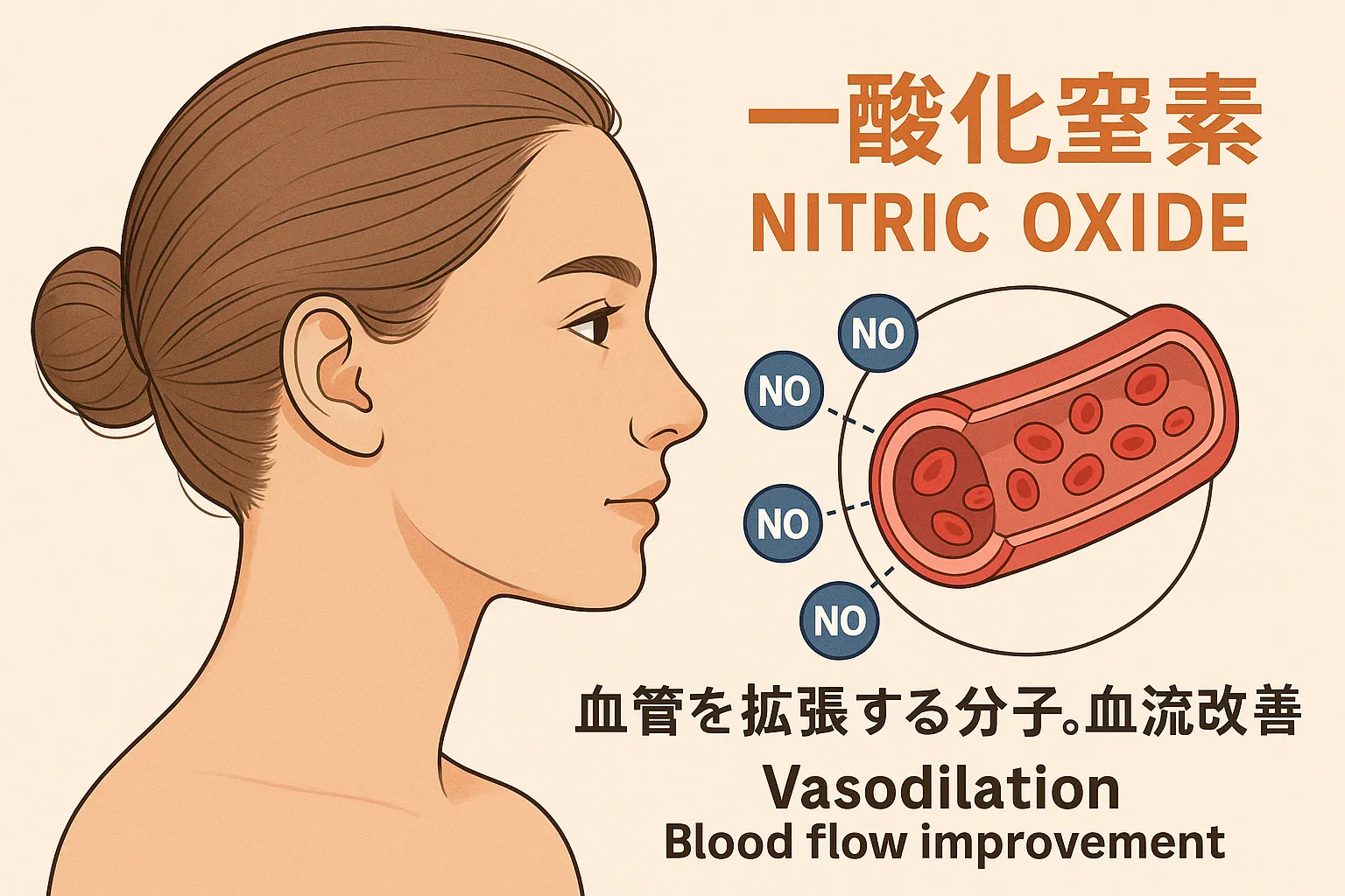 女性の横顔と血管を描いた科学イラスト。一酸化窒素(NO)の分子が血管拡張を促し、血流改善に必須であることを示す図。