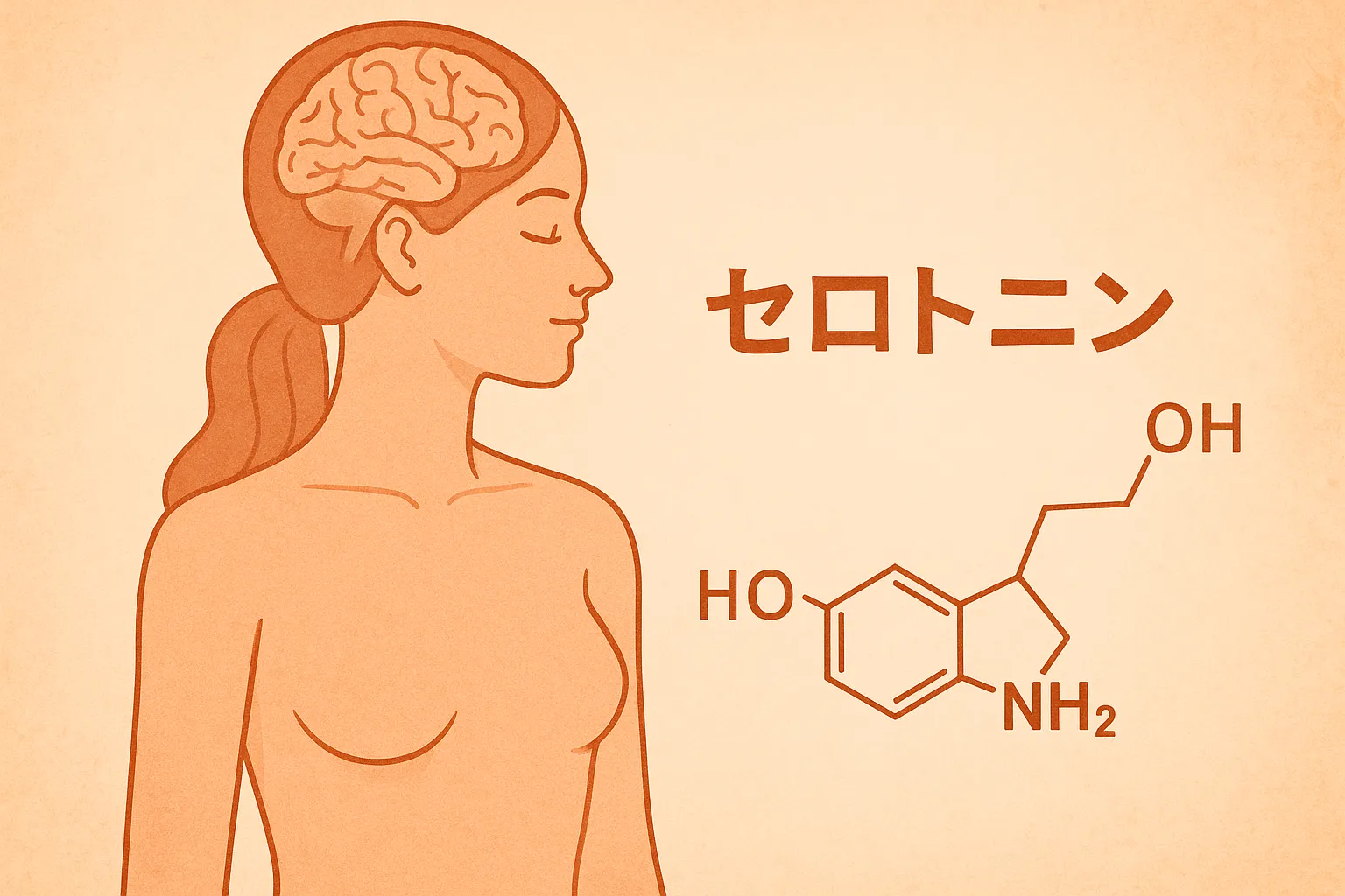 女性の体と脳を描いた科学イラスト。セロトニンの分子構造を示し、安定感やリズムに関与する役割を表現。
