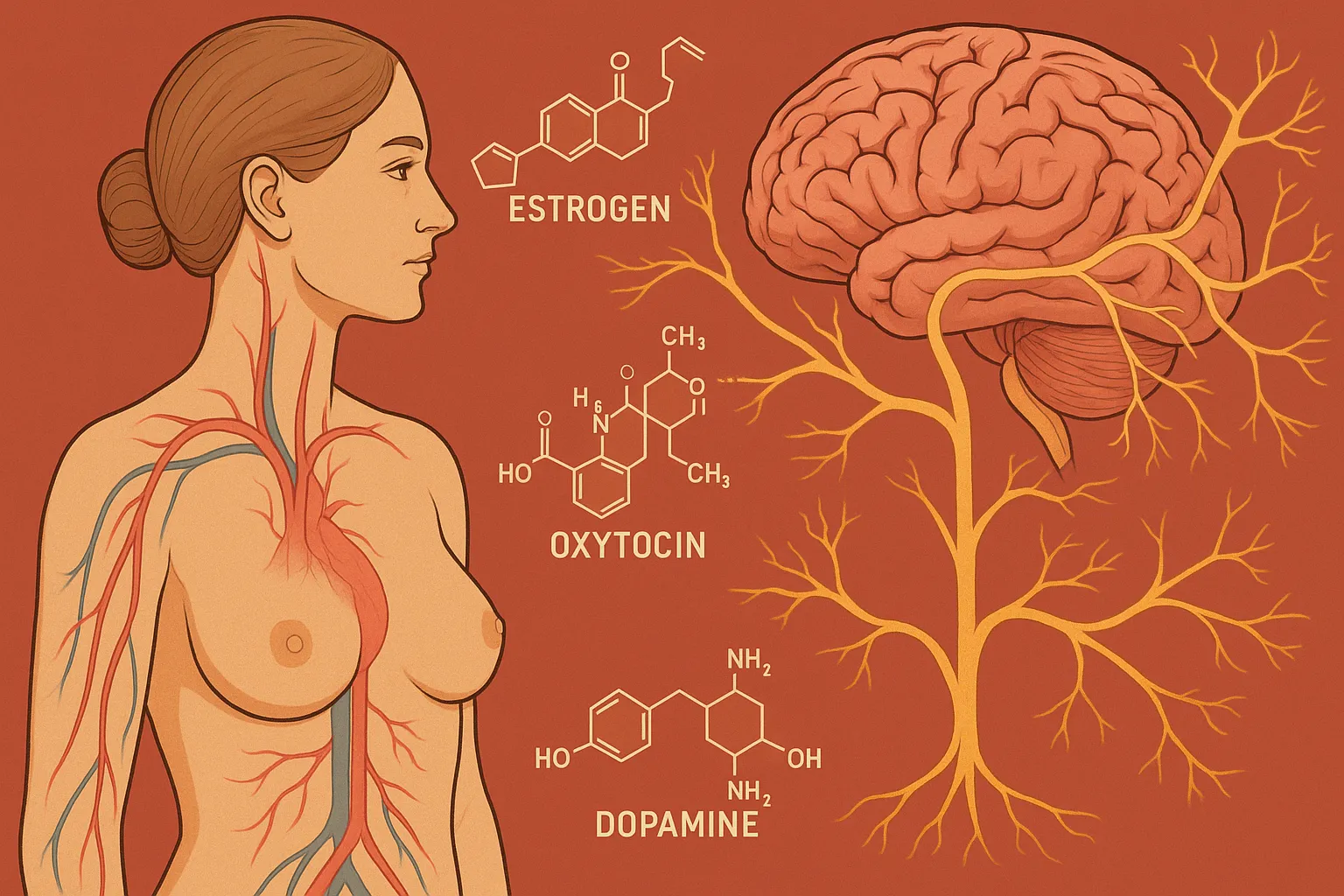 女性の体と脳をつなぐ科学的イラスト。エストロゲン・オキシトシン・ドーパミンの分子構造と血流・神経の関係を示す横長図。