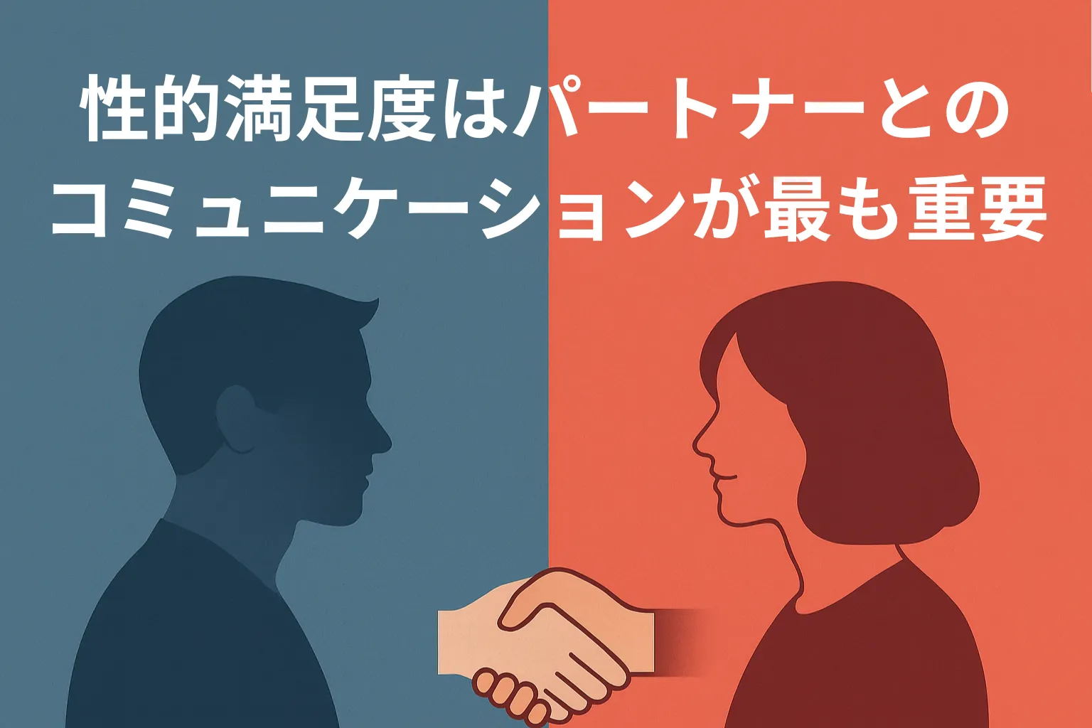 性的満足度の男女差をテーマにした横長イラスト。男性と女性が向かい合い、中央で握手し合う姿が描かれ、コミュニケーションの重要性を象徴している